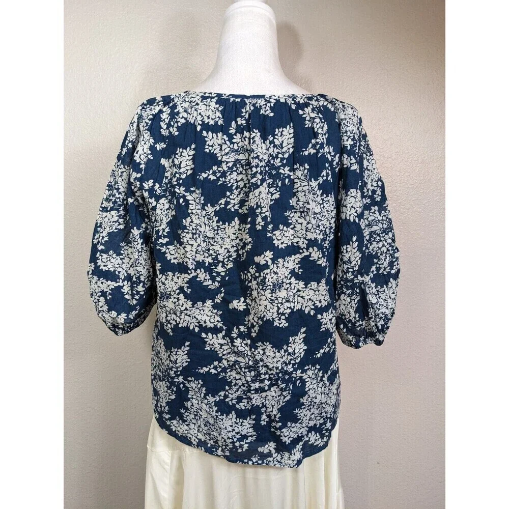 Abercrombie Fitch Shirt Womens Small Navy Blue White Floral Peasant‎ Blouse Boho